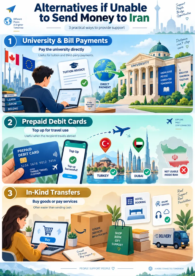 5 Secure Ways to Send Money to Iran: 2026 Guide 9 An image showing alternative options in case sending money to Iran is not possible.